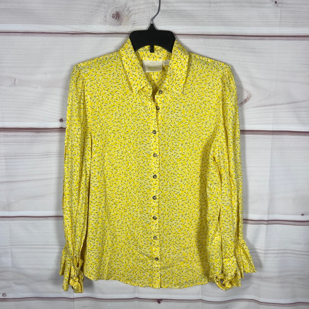 Maeve Button Down Shirt Womens 12 Yellow Abstract Print Long Sleeve Ruffle Cuff